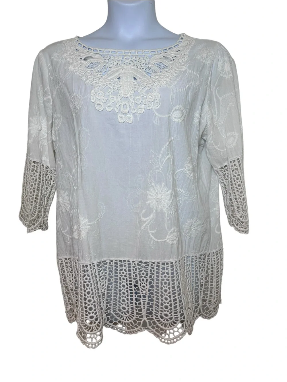 Chico’s white sheer crochet boxy top size 2 large US 12 coastal Lagenlook beach